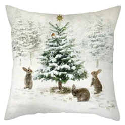 Niedlicher Kissenbezug aus Plüsch mit Kaninchen und Hirschen – Weihnachtskissenbezug 45 x 45 cm
