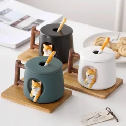 Niedliches Keramikbecher-Set mit Deckellöffel für Paare – Kaffee- und Wassertassen