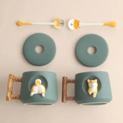 Niedliches Keramikbecher-Set mit Deckellöffel für Paare – Kaffee- und Wassertassen