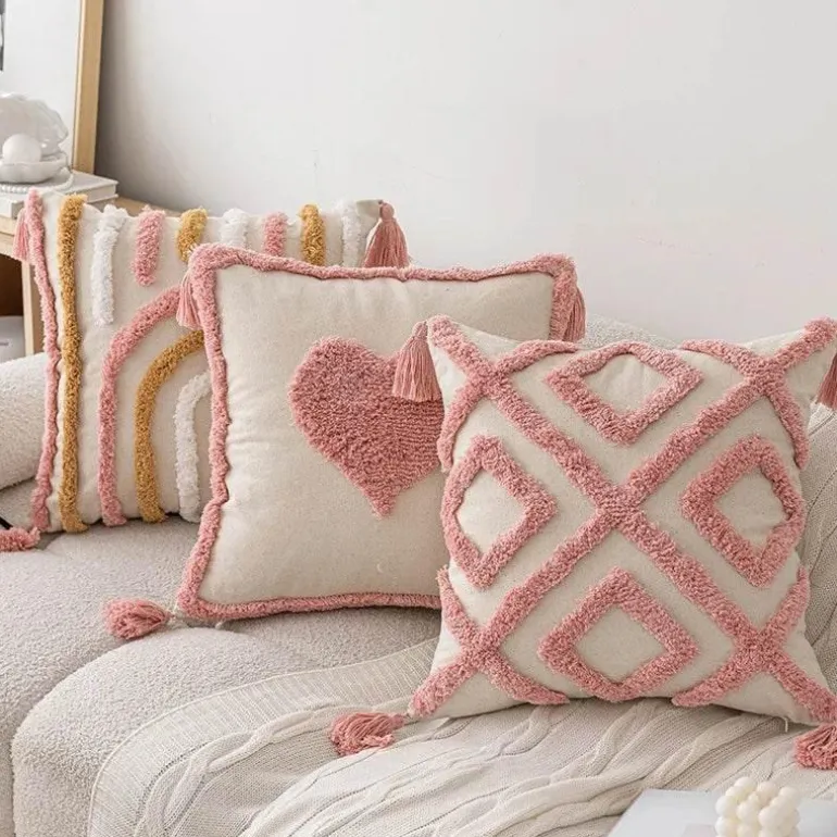 Nordischer rosa geometrischer Kissenbezug - 45x45cm Baumwoll-Canvas-Tufted-Hülle