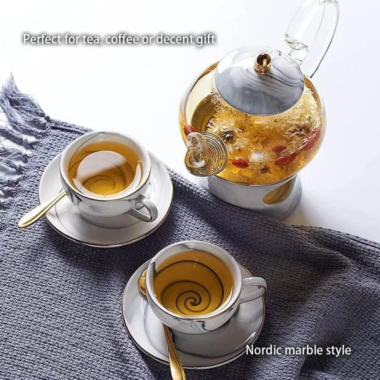 Nordisches Marmor-Teeservice aus Porzellan – elegante Teekanne und Teetassen für Tee und Kaffee