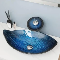 Ovales Aufsatzwaschbecken aus gehärtetem Glas mit Wasserfall-Wasserhahn-Kombination