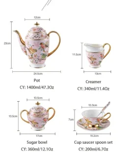 Pink Bird Teeservice – Teekanne, Tassen und Krug aus Bone China