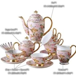 Pink Bird Teeservice – Teekanne, Tassen und Krug aus Bone China