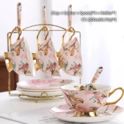 Pink Bird Teeservice – Teekanne, Tassen und Krug aus Bone China