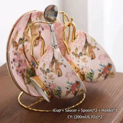 Pink Bird Teeservice – Teekanne, Tassen und Krug aus Bone China