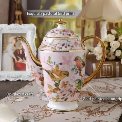 Pink Bird Teeservice – Teekanne, Tassen und Krug aus Bone China