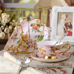 Pink Bird Teeservice – Teekanne, Tassen und Krug aus Bone China