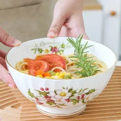 Porzellanschüssel-Set mit Blumenmuster, Goldrand, Monatsthema, 4er-Set