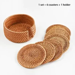 Rattan-Untersetzer-Set mit Halter – Getränkeuntersetzer aus Glas für die Heimdekoration