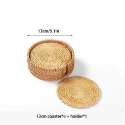 Rattan-Untersetzer-Set mit Halter – Getränkeuntersetzer aus Glas für die Heimdekoration