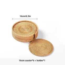 Rattan-Untersetzer-Set mit Halter – Getränkeuntersetzer aus Glas für die Heimdekoration