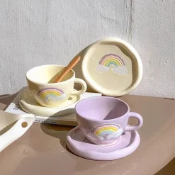 Regenbogen-Kaffeetassen-Set aus Keramik – koreanischer Stil, 250 ml, mit Tablett
