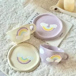 Regenbogen-Kaffeetassen-Set aus Keramik – koreanischer Stil, 250 ml, mit Tablett