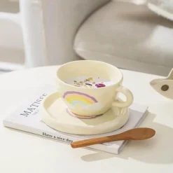 Regenbogen-Kaffeetassen-Set aus Keramik – koreanischer Stil, 250 ml, mit Tablett