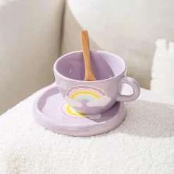 Regenbogen-Kaffeetassen-Set aus Keramik – koreanischer Stil, 250 ml, mit Tablett