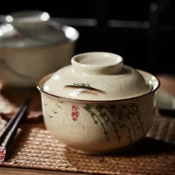 Retro Ramen Schüssel Set - Keramik mit Deckel Essstäbchen Löffel