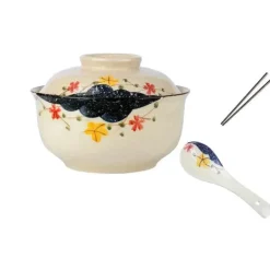Retro Ramen Schüssel Set - Keramik mit Deckel Essstäbchen Löffel