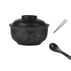 Retro Ramen Schüssel Set - Keramik mit Deckel Essstäbchen Löffel