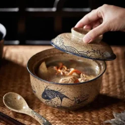 Retro Ramen Schüssel Set - Keramik mit Deckel Essstäbchen Löffel