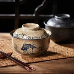 Retro Ramen Schüssel Set - Keramik mit Deckel Essstäbchen Löffel