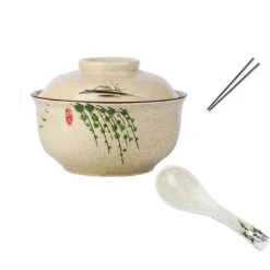 Retro Ramen Schüssel Set - Keramik mit Deckel Essstäbchen Löffel