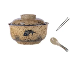 Retro Ramen Schüssel Set - Keramik mit Deckel Essstäbchen Löffel