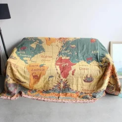 Retro-Weltkarte Überwurfdecke - Gemütlicher Sofabezug aus Baumwolle
