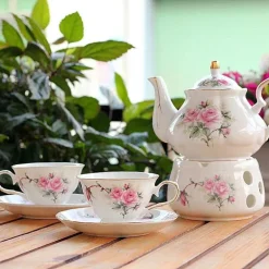 Rosa Kamelien-Teeservice aus Keramik – 500 ml Teekanne mit Untertasse und Stövchen