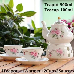 Rosa Kamelien-Teeservice aus Keramik – 500 ml Teekanne mit Untertasse und Stövchen