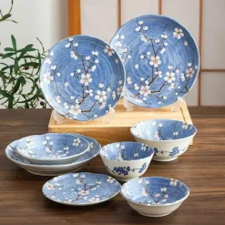 Sakura Blaues Keramik-Essset - Suppenschüssel, flacher Teller