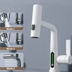 Schlanker moderner Wasserfall-Wasserhahn mit Temperaturanzeige