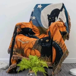Schwarze Katzen-Strickdecke – Gemütliche Halloween-Überwurfdecke für Herbst und Winter