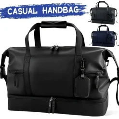 Schwarze Reisetasche aus PU – großes Fassungsvermögen, Nass-/Trockenfach, Reisetasche