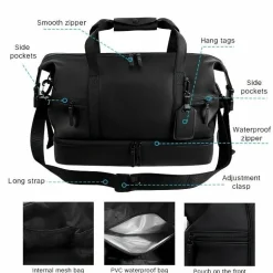 Schwarze Reisetasche aus PU – großes Fassungsvermögen, Nass-/Trockenfach, Reisetasche