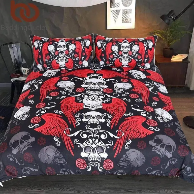 Schwarzes Gothic-Hippie-Bettbezug-Set – Coole, bequeme Bettwäsche mit Rosen