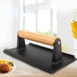 Schweres Steakgewicht aus Gusseisen mit Holzgriff – perfektes BBQ-Kochwerkzeug zum Grillen