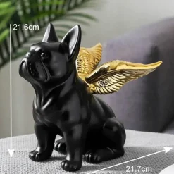 Skulptur mit schwarzen Bulldoggenflügeln – Keramik-Dekoration für Zuhause und Büro
