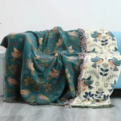 Sofabezug aus Baumwollgaze mit Vogel-Jacquardmuster – rutschfeste Ganzjahresdecke