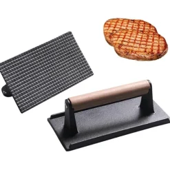 Steakpresse aus Gusseisen – rechteckige Fleischpresse mit Holzgriff