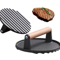 Steakpresse aus Gusseisen für perfektes Grillen – BBQ-Tool mit Holzgriff
