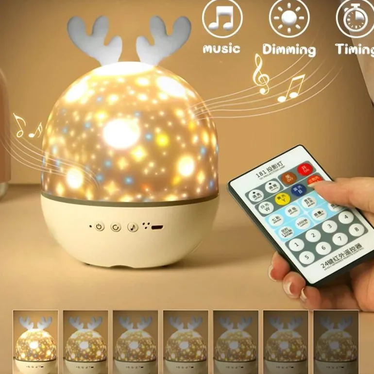 Sternenprojektor-Nachtlampe – rotierendes Hirsch-Musiklicht für Kinder