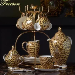 Tee- und Kaffeeservice aus Knochenporzellan mit Leopardenmuster – elegantes Trinkgeschirr aus Porzellan