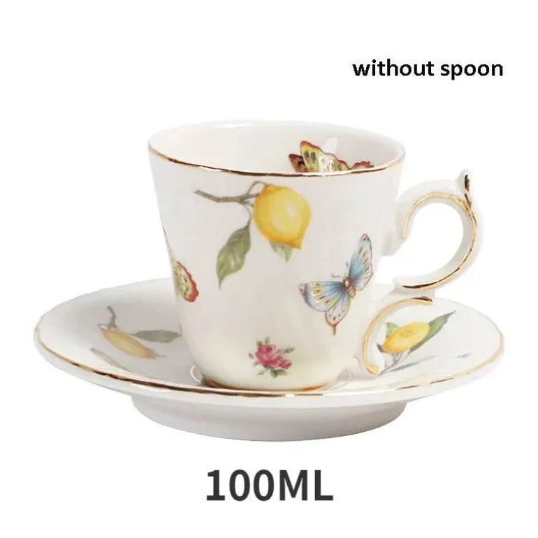 Tee- und Kaffeeservice aus Keramik – Zitronenteekanne mit goldenem Rand und Untertasse