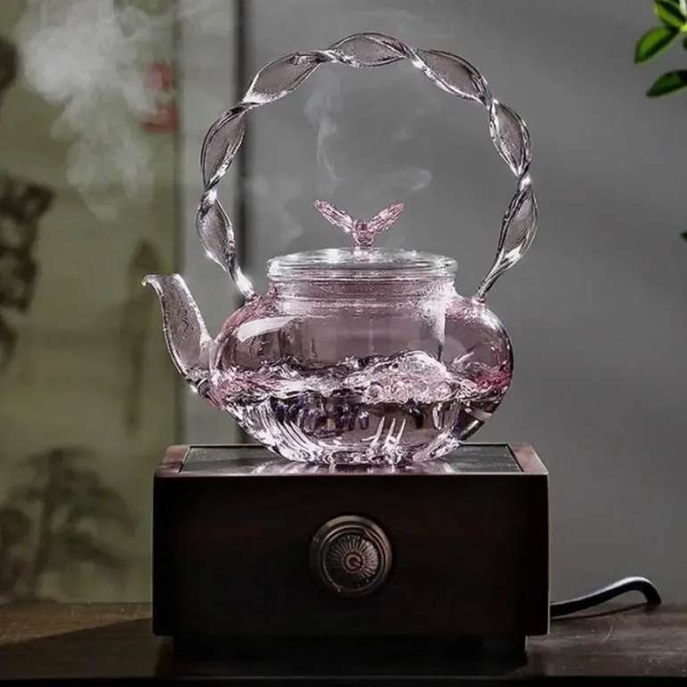 Teekanne aus Glas mit Blumenmuster und Teesieb – Eleganter Teebereiter für losen Tee
