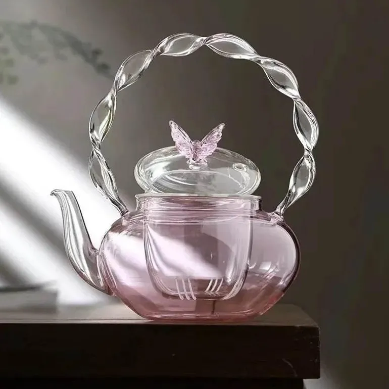 Teekanne aus Glas mit Blumenmuster und Teesieb – Eleganter Teebereiter für losen Tee