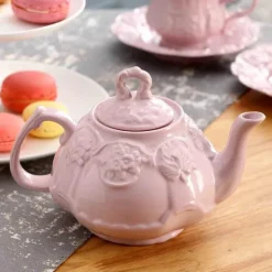 Teekannen- und Tassenset mit rosa Blumenmuster – Britisches Retro-Teeservice aus Keramik