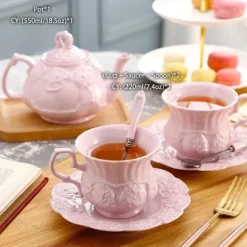 Teekannen- und Tassenset mit rosa Blumenmuster – Britisches Retro-Teeservice aus Keramik