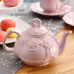 Teekannen- und Tassenset mit rosa Blumenmuster – Britisches Retro-Teeservice aus Keramik