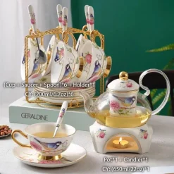 Teekannen-Set mit Blumenmuster – Tassen aus Knochenporzellan mit Sieb